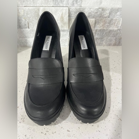 Steve Madden Black Block Heel Loafers - Picture 3 of 5